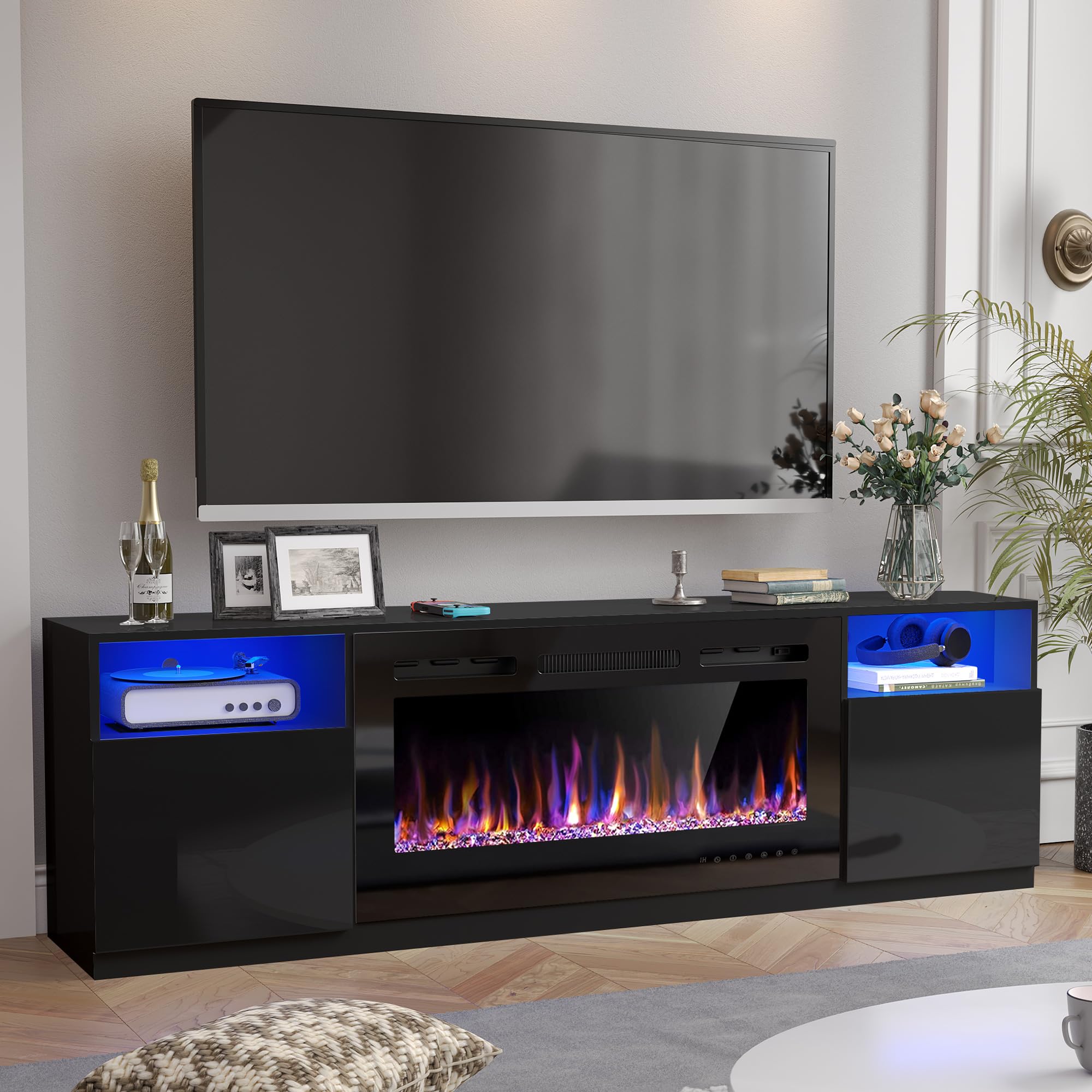 Ahb 70'' Fireplace Tv Stand For Tvs Up To 80'' With 36'' Electric Fireplace, Tv Console For The Living Room, Led Light Entertain